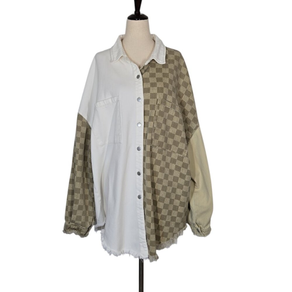 POL Women’s Size L Oversized Patchwork Cotton Jacket Checkerboard Button Front